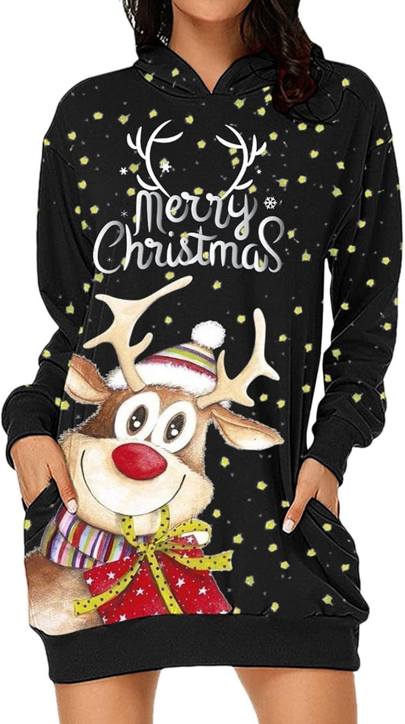 woobles Hoodie Dress, Womens Hoodie Dress Christmas Pattern Print Polyester Casual for Shopping - Image 5